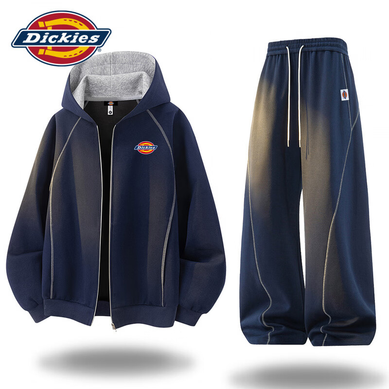 Dickies开衫卫衣套装男士2026秋季新款大码宽松运动穿搭上衣裤子服装 白花灰色 【官方正品】 M 【建议90-110斤】