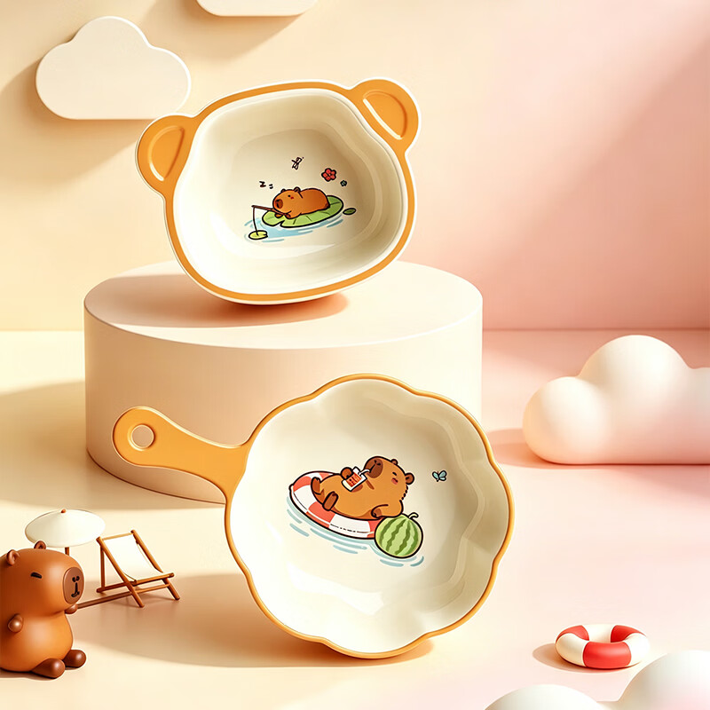显初卡皮巴拉儿童饭碗餐具可爱卡通宝宝吃饭专用碗幼儿园碗勺套装餐盘 【3件套】卡皮巴拉头型碗+勺子+杯子