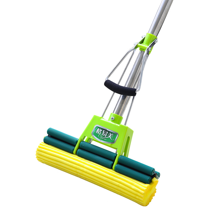 胶棉拖把 27/38cm大号海绵拖把 滚轮挤水拖布墩 绿色 27厘米伸缩杆