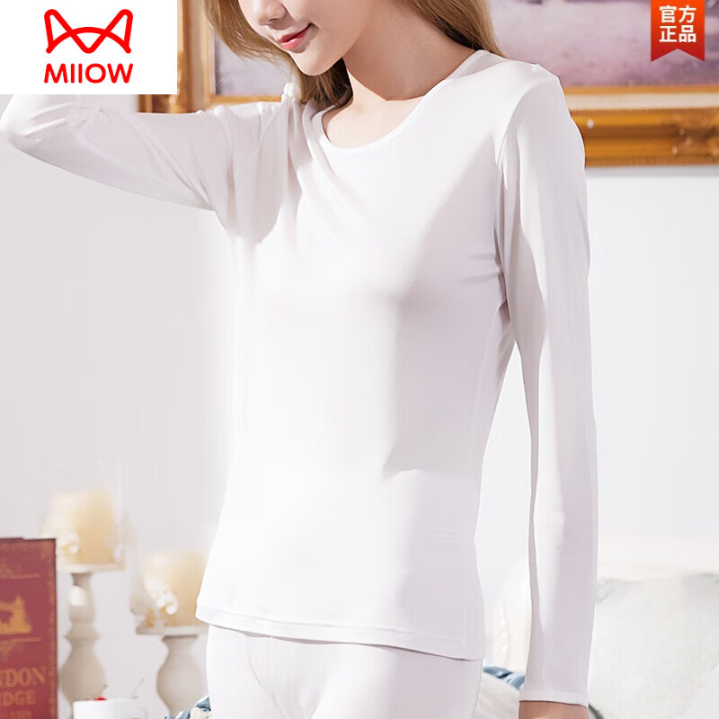 貓人（MiiOW）真絲保暖內(nèi)衣無(wú)痕薄款圓領(lǐng)秋衣秋褲套裝女桑蠶絲長(zhǎng)袖打底衫打底褲 白色(單件上衣) M
