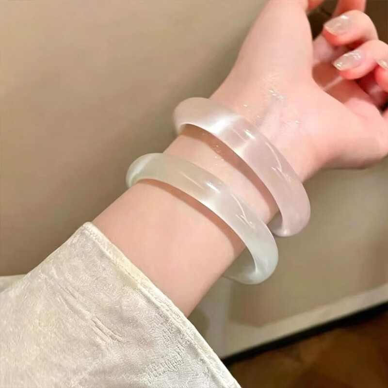 亚一猫眼石手镯冰种玉髓手镯女冰透高冰玉石平安镯白月光送女友老婆 冰藕粉猫眼玉手镯56#-适合90-100斤