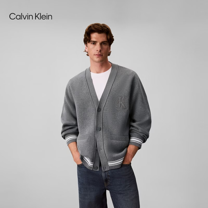 Calvin KleinJeans【学院风开衫】26早秋新款男女美式ck提花V领针织外套毛衣 P7E-英雄灰 XS