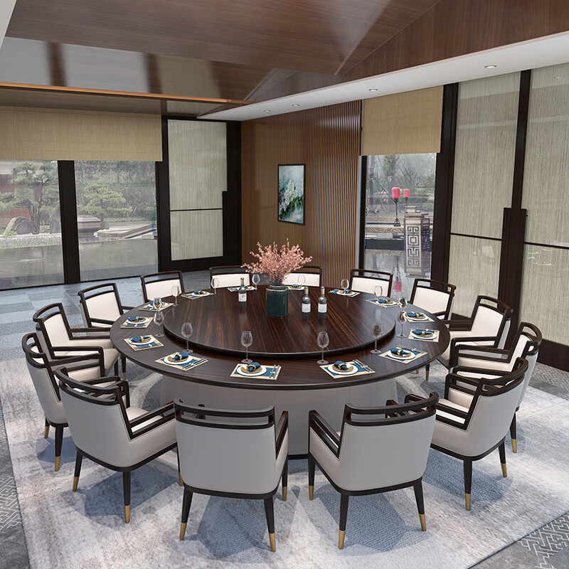 莎庭 新中式实木电动大圆桌酒店会所宴会厅包厢人自动旋转餐桌椅组合