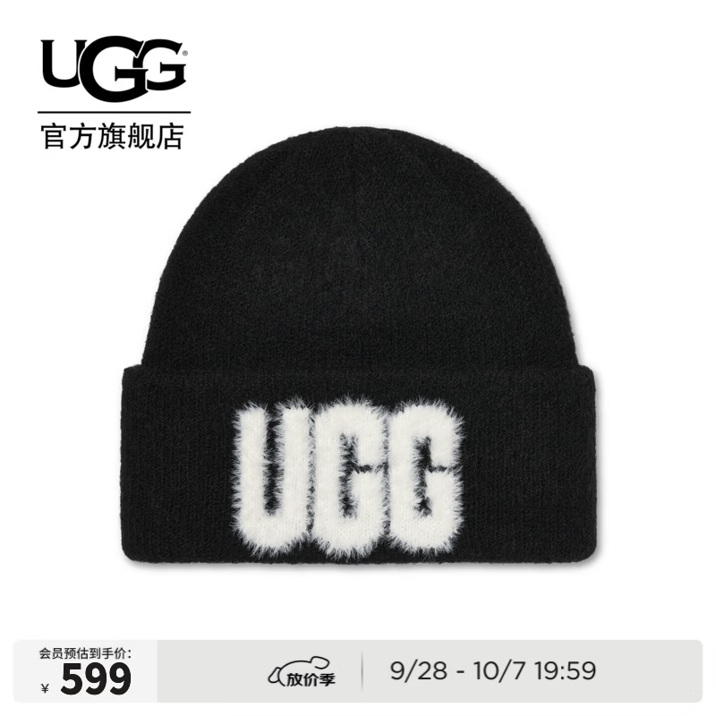 UGG秋季新款男女同款舒适保暖休闲LOGO毛绒卷边针织毛线帽 105248 BLK | 黑色 O/S