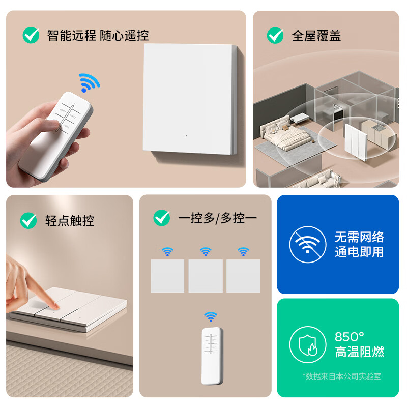 国际电工超远无线遥控家用插座按键免布线电灯开关智能220V懒人遥控开关白 4位遥控+四开开关【黑色】