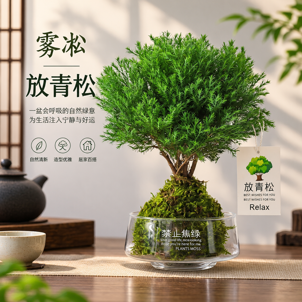 八芽【放青松】雾凇盆栽苔藓球植物办公室内桌面创意好养绿植花卉盆景 大雾松-苔藓球-禁止焦虑水培玻璃盆-放青松贺卡 苔藓球