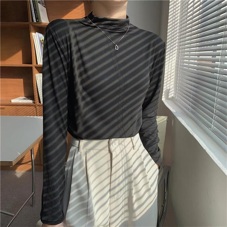 BURQAMARCH春秋季女款小清新打底衫休闲百搭面膜保暖衣气质修身显瘦长袖体恤 黑色 均码 （建议80-10斤）