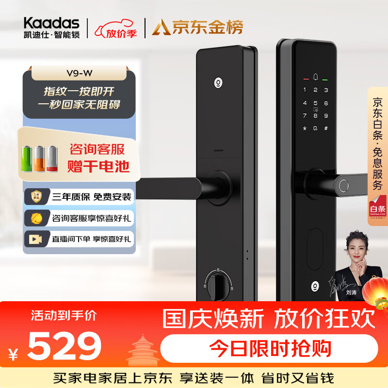 凯迪仕（KAADAS）智能门锁 指纹识别 防盗门锁密码锁 入户门电子智能锁 V9-W