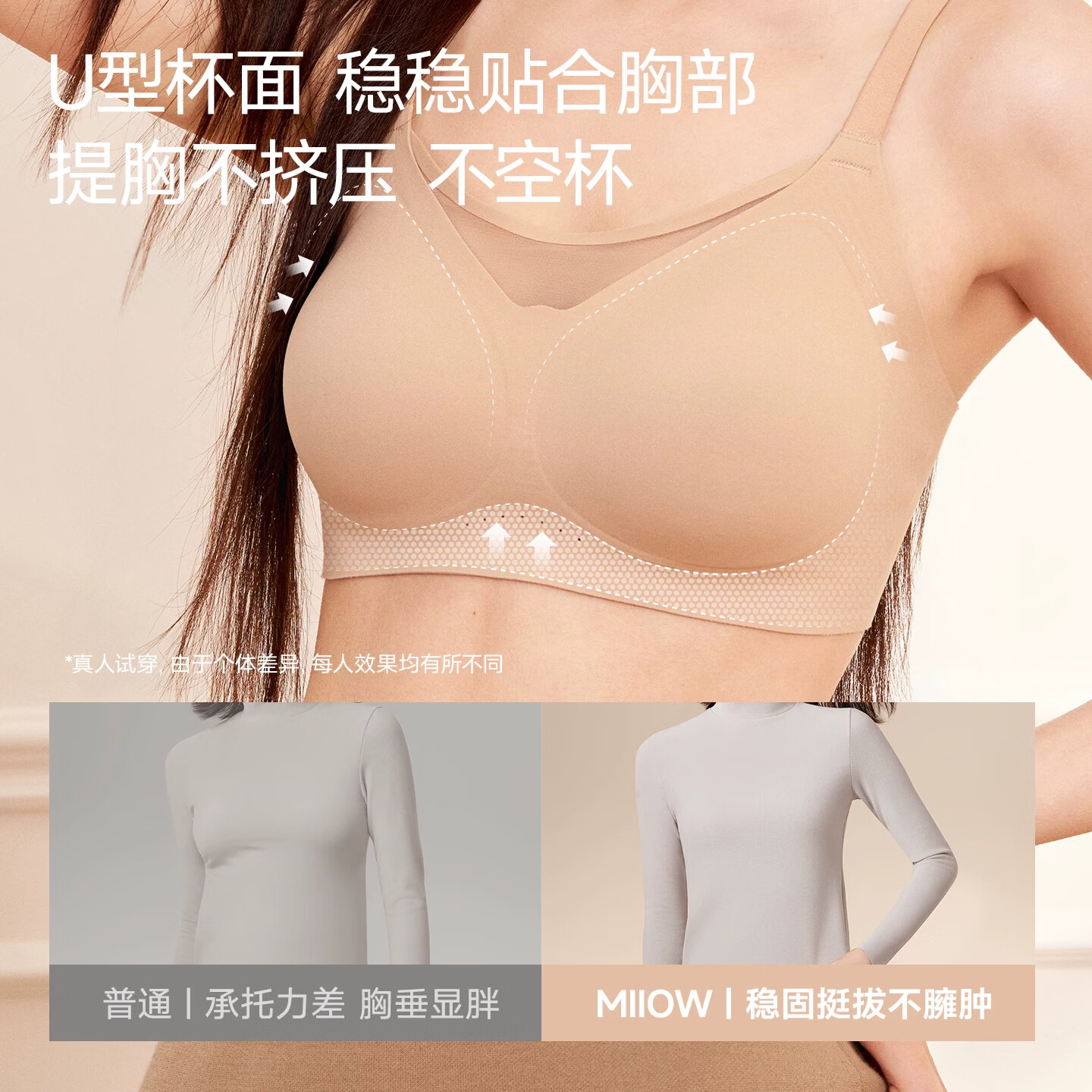 猫人【刘亦菲同款】蜂巢稳稳杯内衣女无痕裸感无钢圈透气收副乳文胸罩 粉底液肤 L 70C/75AB (建议105-125斤)