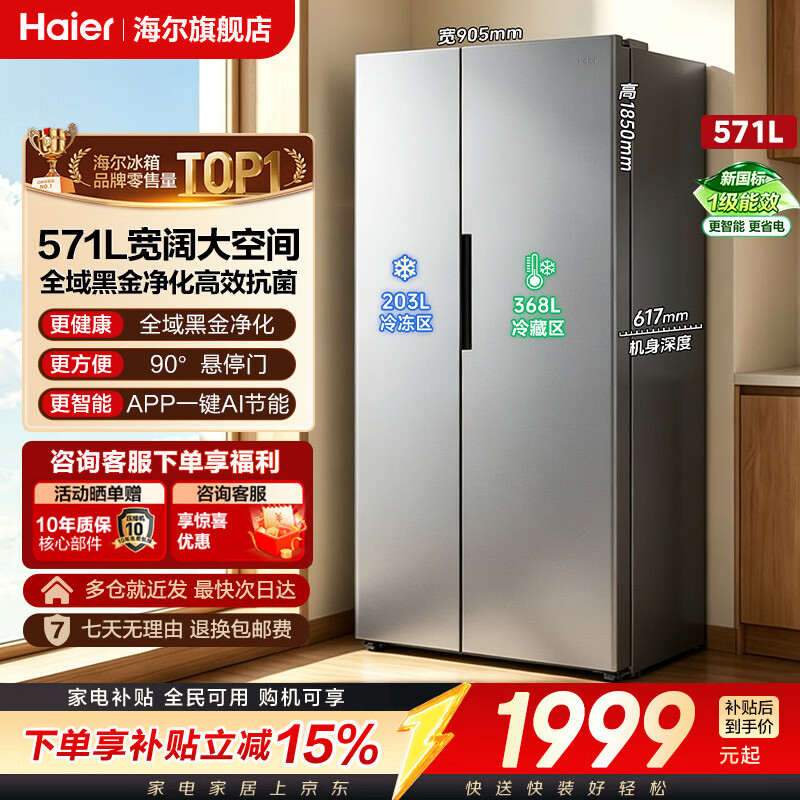 海尔（Haier）冰箱571升【2026年新品 新国标一级】超大容量黑金净化家用双变频双开门对开门双门电冰箱 571升超大容量 新国标一级能效丨黑金净化除菌