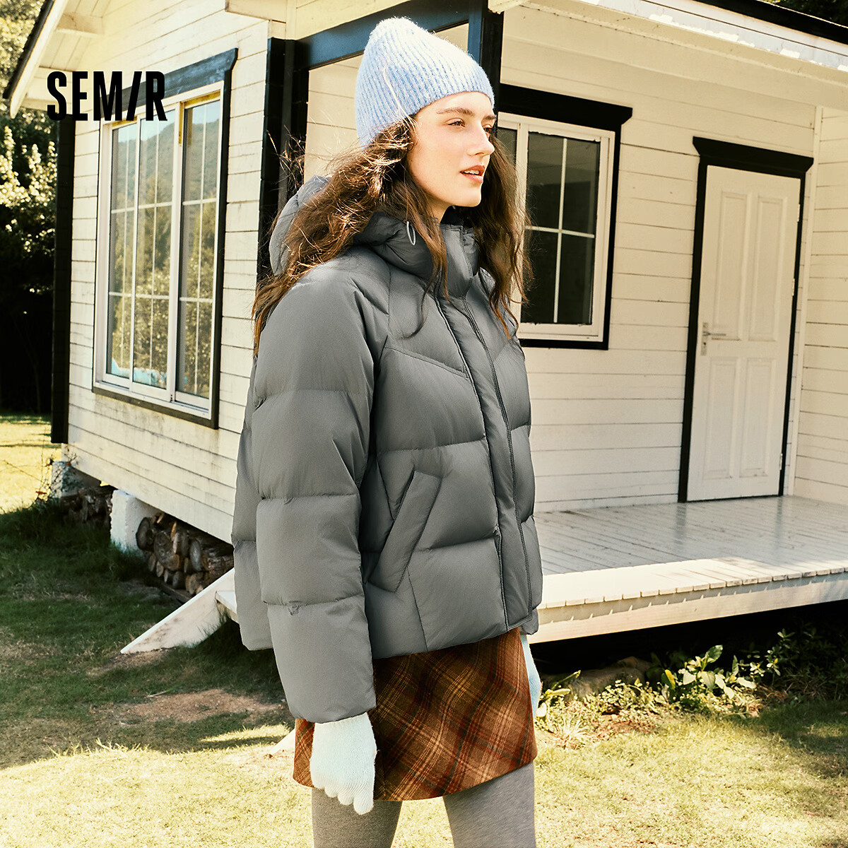 森马(Semir)陈都灵|羽绒服女90绒子短款连帽上衣时尚龟背小A廓形显瘦轻暖外套 深灰(灰鸭绒)20967 3XL