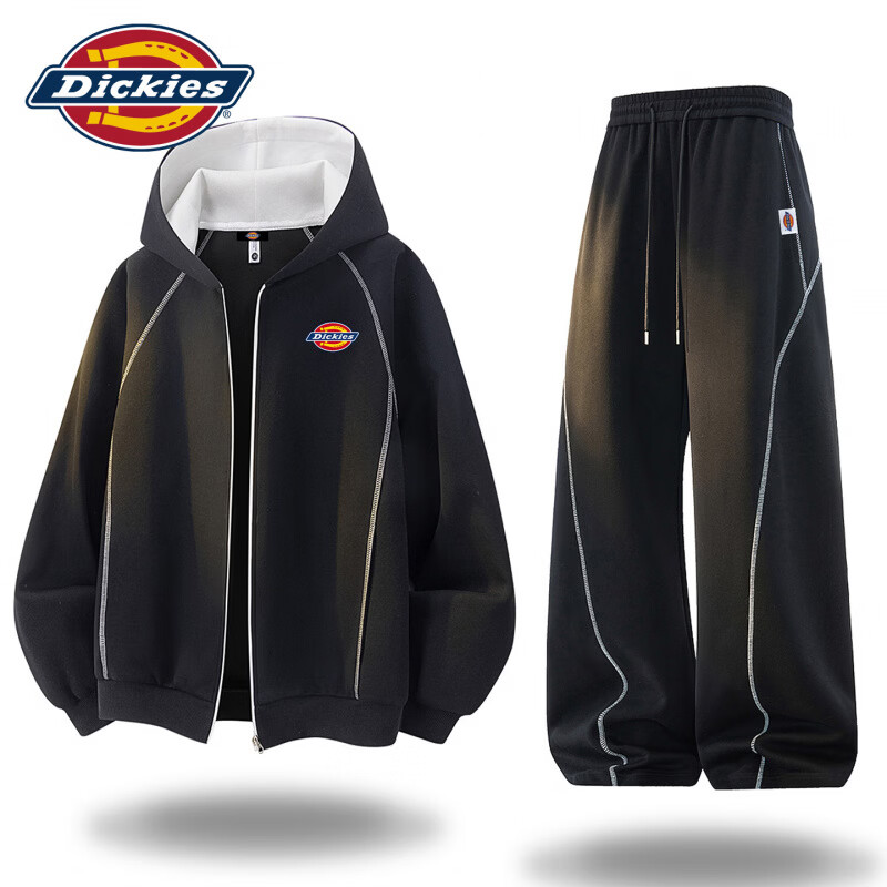 Dickies开衫卫衣套装男士2026秋季新款大码宽松运动穿搭上衣裤子服装 白花灰色 【官方正品】 M 【建议90-110斤】