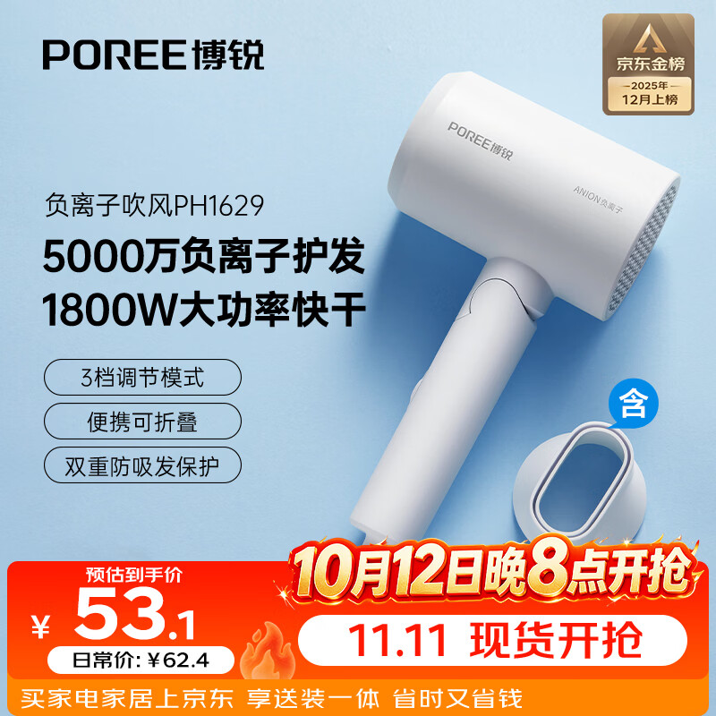飞科（FLYCO）博锐电吹风机1800W大功率 负离子护发可折叠便携学生宿舍家用送女生礼物【爆款负离子】PH1629