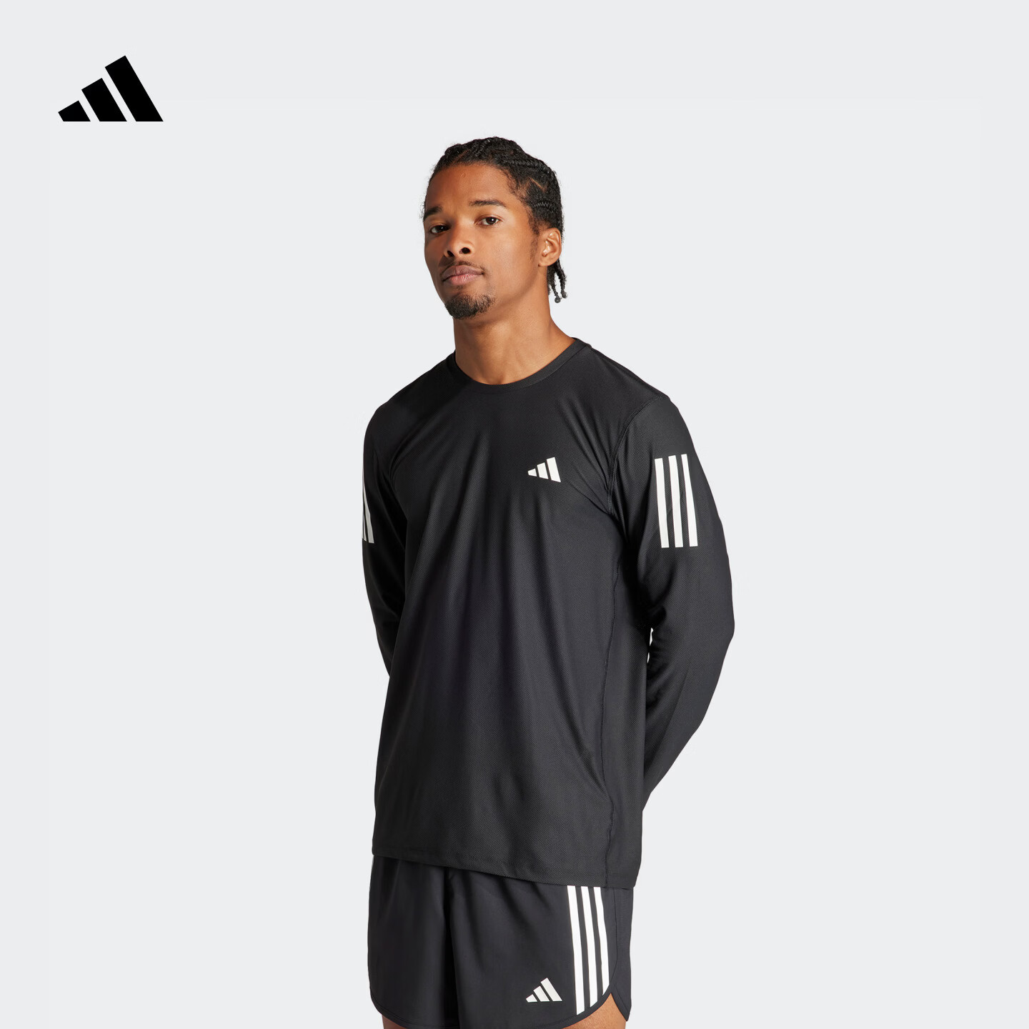adidas速干三条纹跑步运动训练长袖T恤健身上衣男秋季阿迪达斯   黑色   M