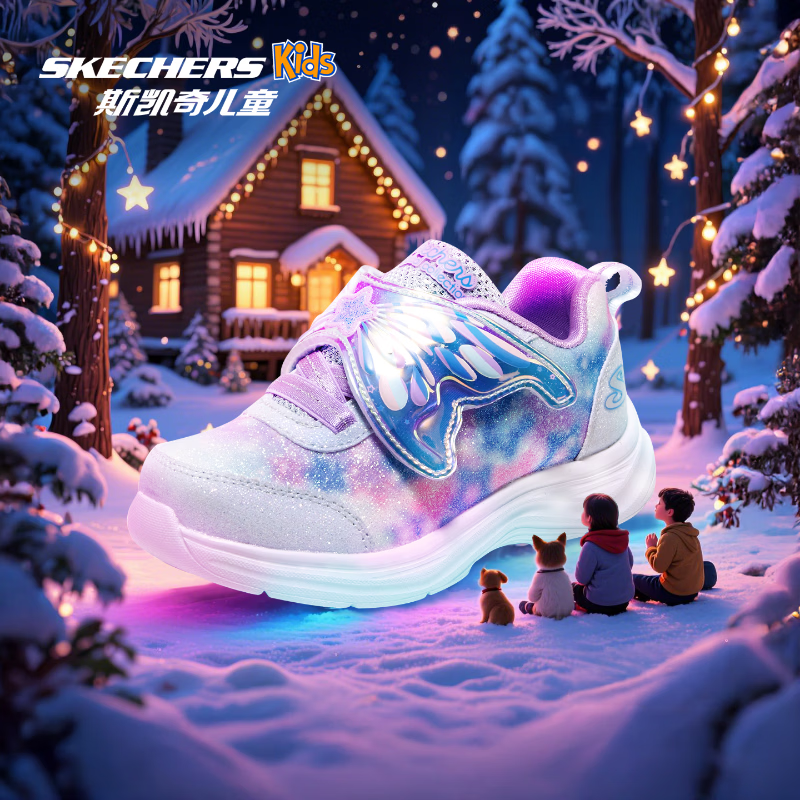 Skechers斯凯奇儿童宝宝鞋软底舒适女童跑步鞋小童魔术贴闪灯鞋303260N