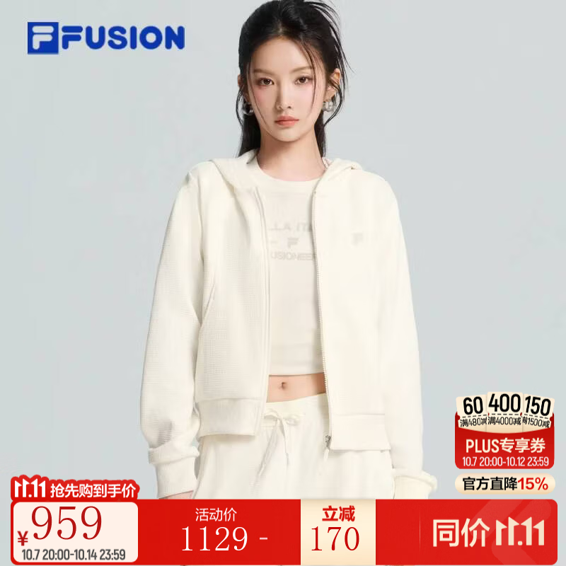 FILA FUSION斐乐潮牌针织连帽外套女2026冬新款休闲简约基础上衣 云白色-WT M 165/84A/M