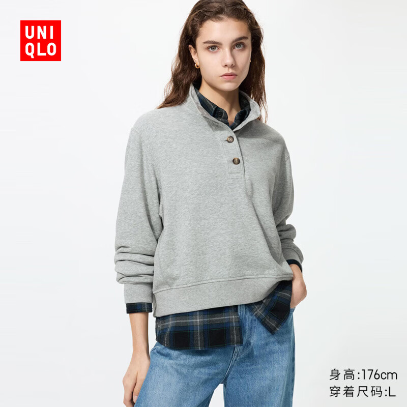 优衣库纽扣领卫衣女装/运动衫487585 03 灰色 M