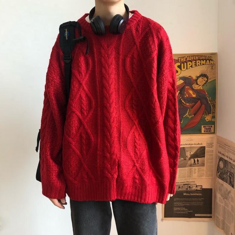 蜜凡苏兔年本命年衣服男毛衫兔年本命年大红色毛衣男慵懒高级感粗麻花