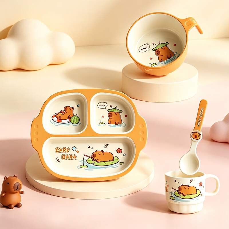 显初卡皮巴拉儿童饭碗餐具可爱卡通宝宝吃饭专用碗幼儿园碗勺套装餐盘 【3件套】卡皮巴拉头型碗+勺子+杯子