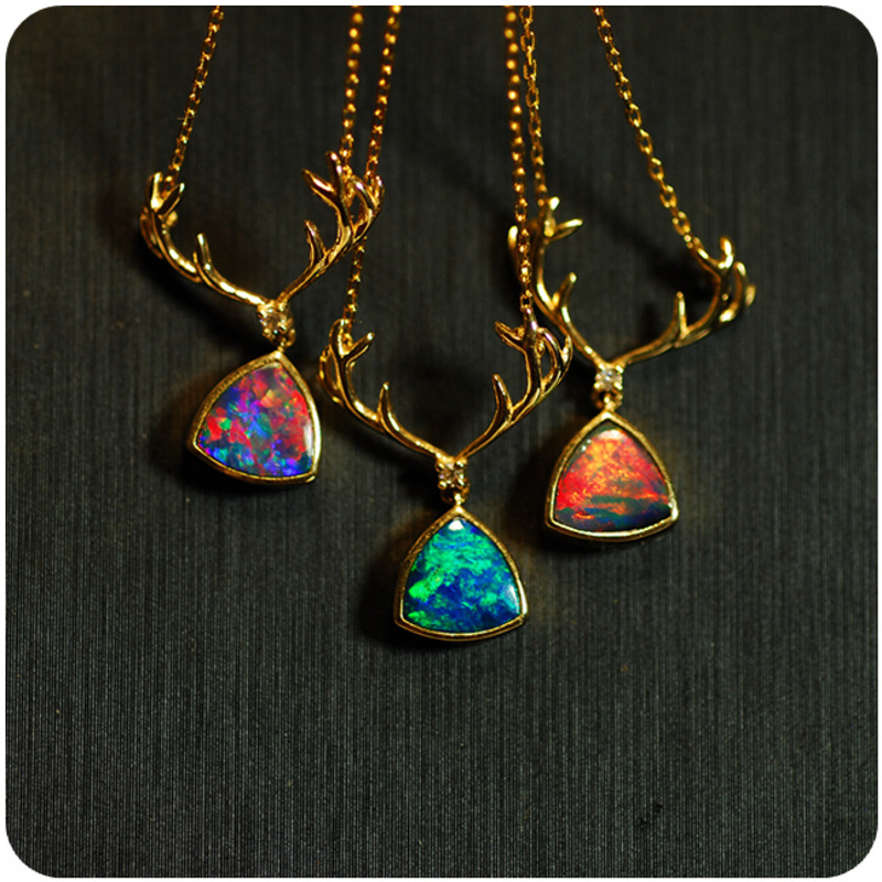 飞鹅 欧泊项链金 天然澳洲澳宝项链鹿角一路有你 锁骨时尚金彩宝欧珀