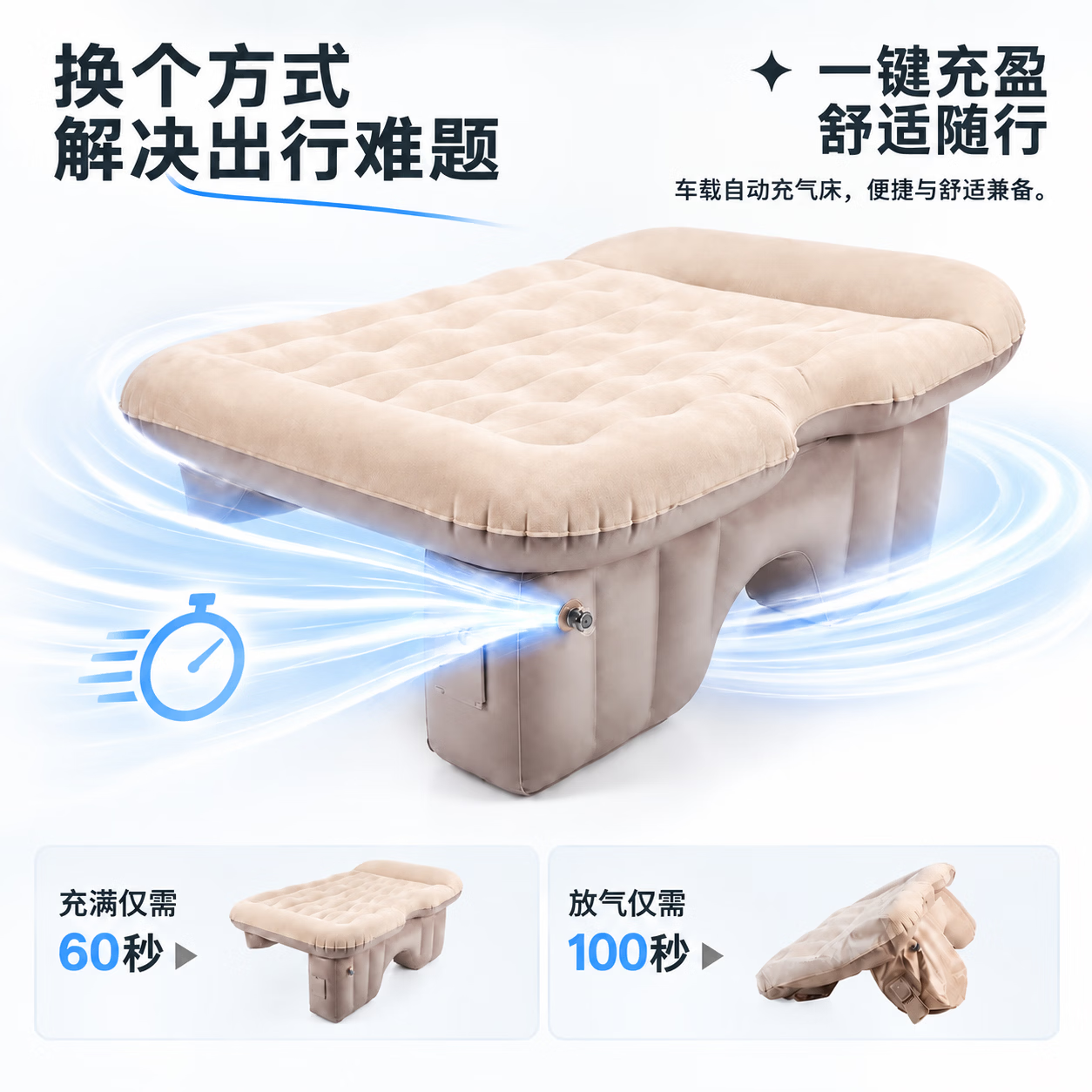 YOBEWAY车载床自动充气床垫后排内置泵轿车SUV适用旅行便携式后备箱睡垫 【C级车专用】夜岩黑-语音泵-防倾斜款