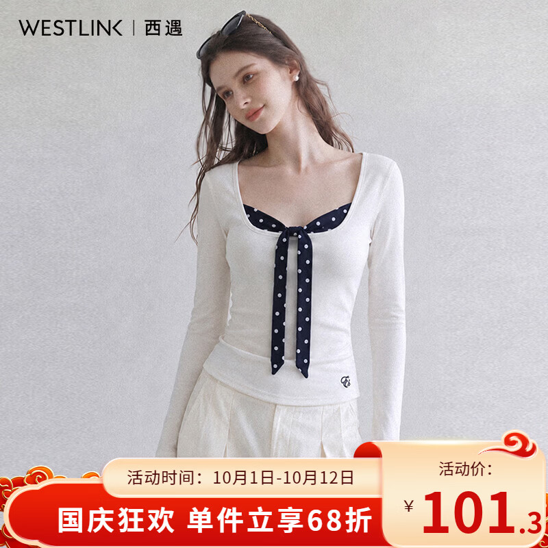 西遇（Westlink）纯欲风方领T恤女2026秋季蝴蝶结系带修身显瘦短款针织上衣 白色 付款15天 M (160)