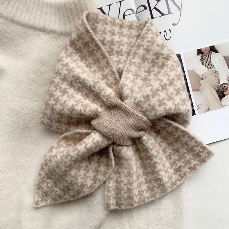 ukcf千鸟格小围巾女韩版冬季保暖百搭学生毛线交叉领巾秋冬针织围脖潮