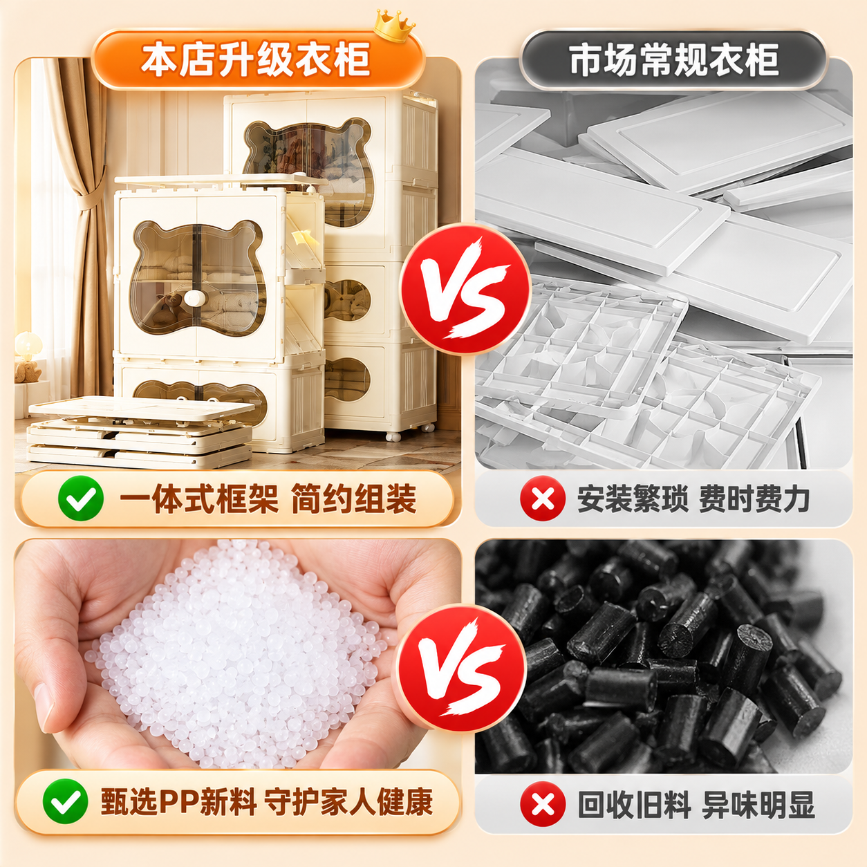 户璃免安装宝宝衣柜婴儿小衣橱儿童衣服收纳柜卧室折叠衣物储物柜 75面宽1层衣柜+3层折叠柜+赠送10衣架(奶油风) 【快速折叠 免安装】