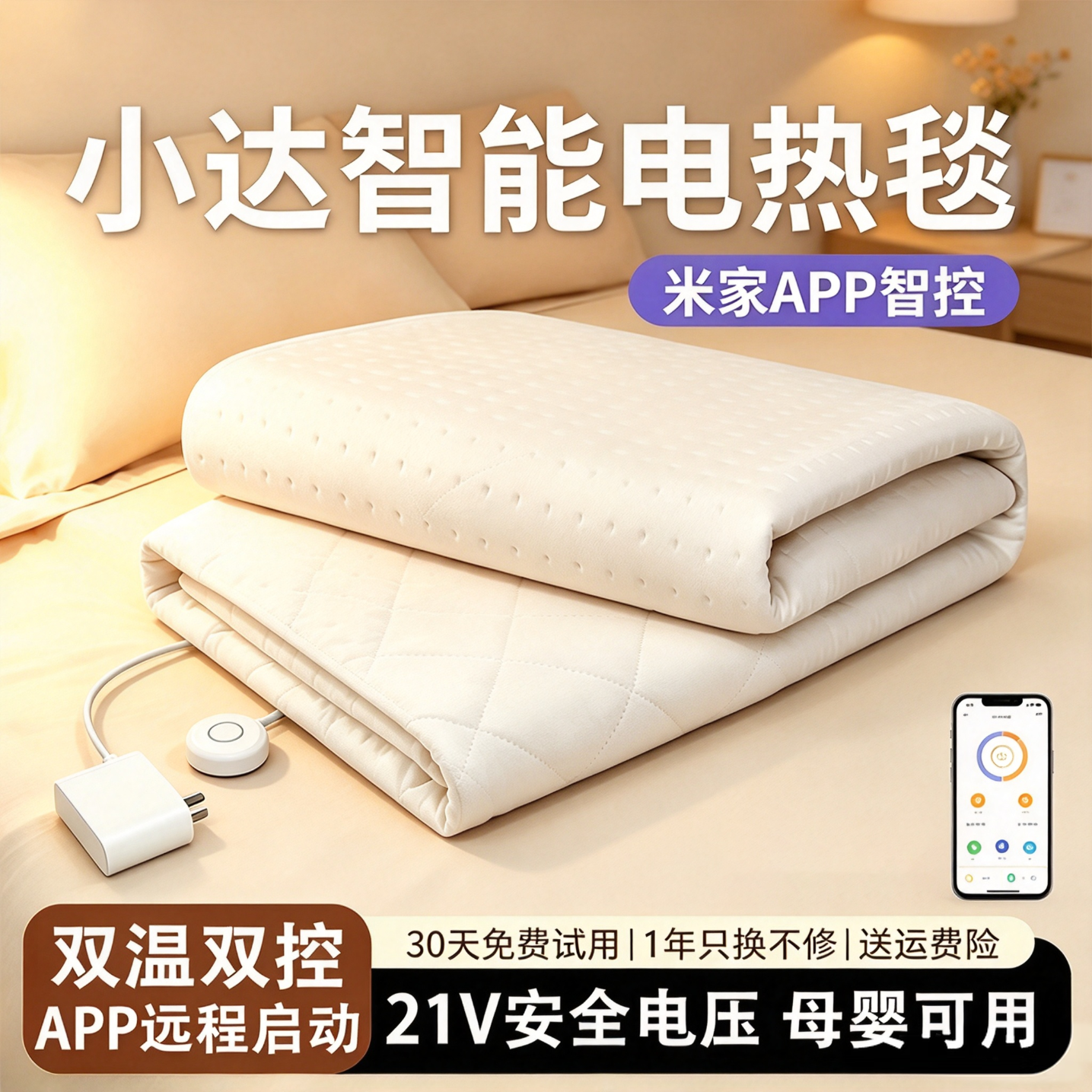小达低压石墨烯电热毯家用寝室单人双人电褥子3c认证小尺寸双温双控 【米家APP款】双人1.7*1.5m