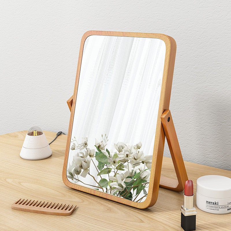 赛杉台式化妆镜公主镜可折叠梳妆镜子便携桌面镜北欧家用卧室 原木色（大款）