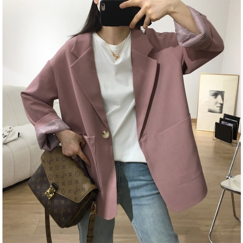 kim sunja潮牌百搭简约一粒扣西装外套女宽松感西服上衣春 橡皮红 m