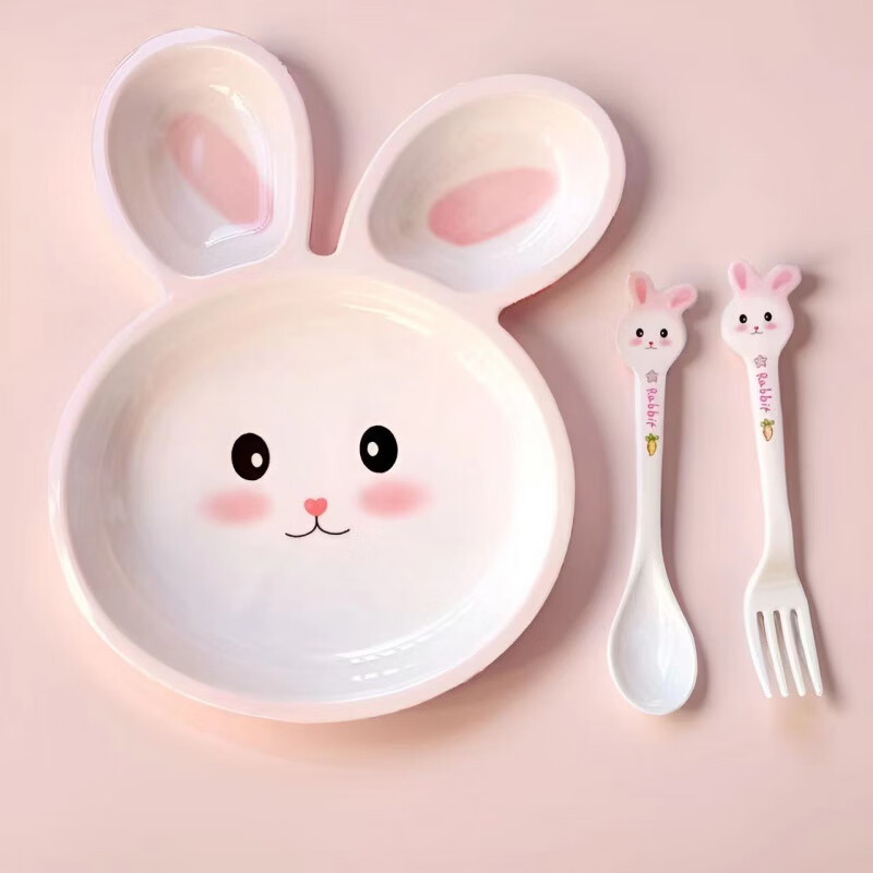 儿童分餐盘兔子创意分格餐盘宝宝餐具商用吃饭副食品碗盘叉子 希尔小兔子三格餐盘+勺子
