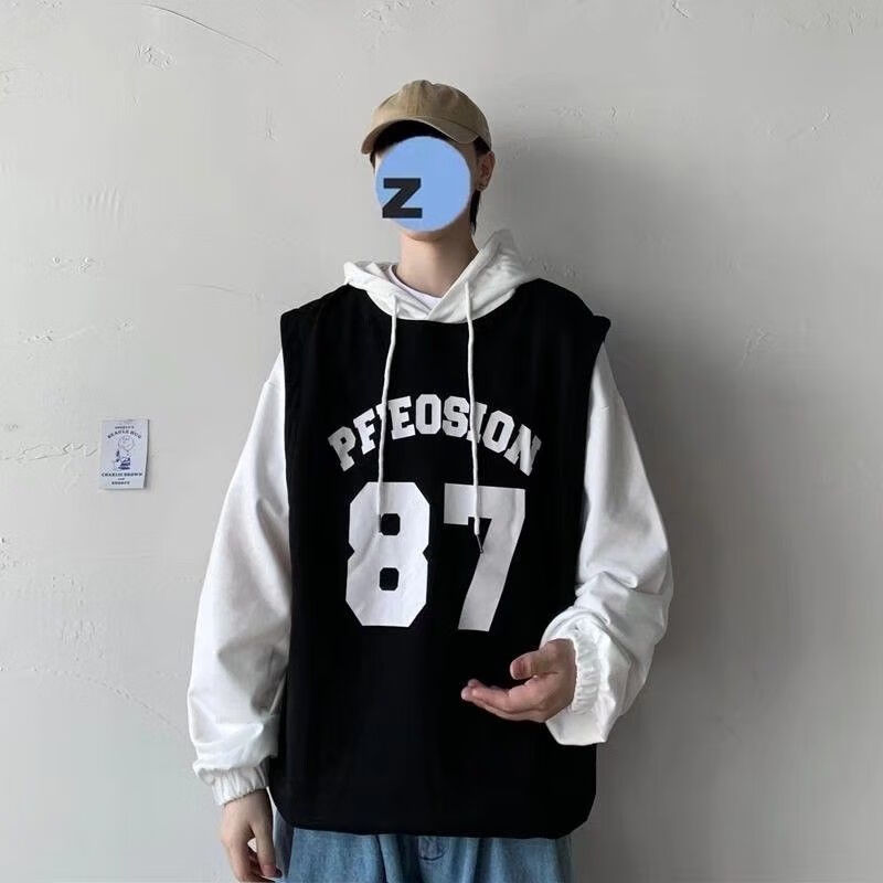 拓猴(tuohou)带帽卫衣男易穿搭春秋潮牌假两件连帽男潮情侣学院风潮流