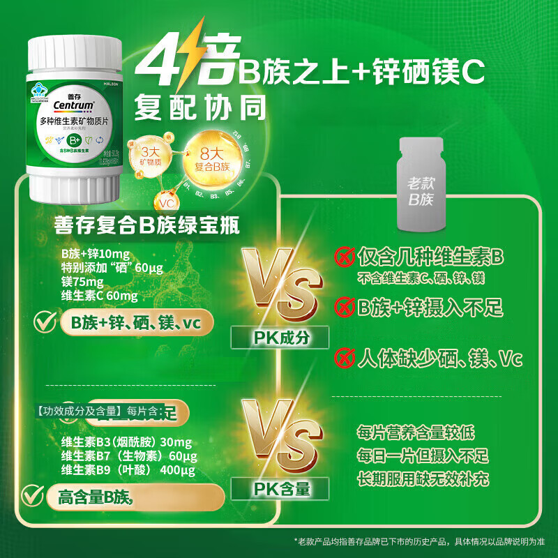 善存复合维生素矿物质片vb锌硒镁b1b2b3b6绿宝瓶成人多种维生素 绿宝瓶 60片*2瓶