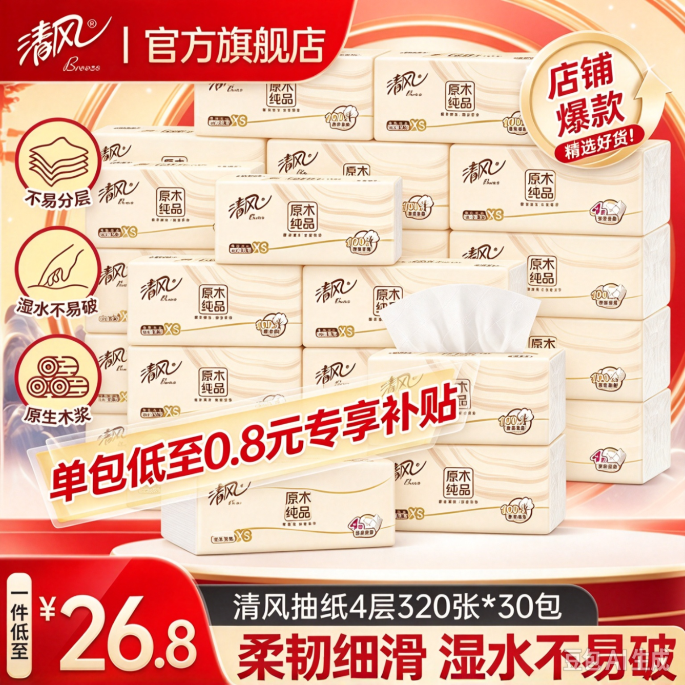 清风抽纸面巾纸餐巾纸卫生纸家庭实惠装 4层 320张*30包 【精选进口原生木浆 商超品质】