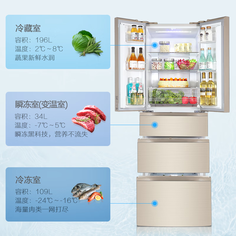 格力晶弘339升法式多门变频风冷无霜冰箱 -5℃瞬冻不结冰魔法冰箱除菌保鲜黑科技家用大容量 BCD-339WPQG/极光金