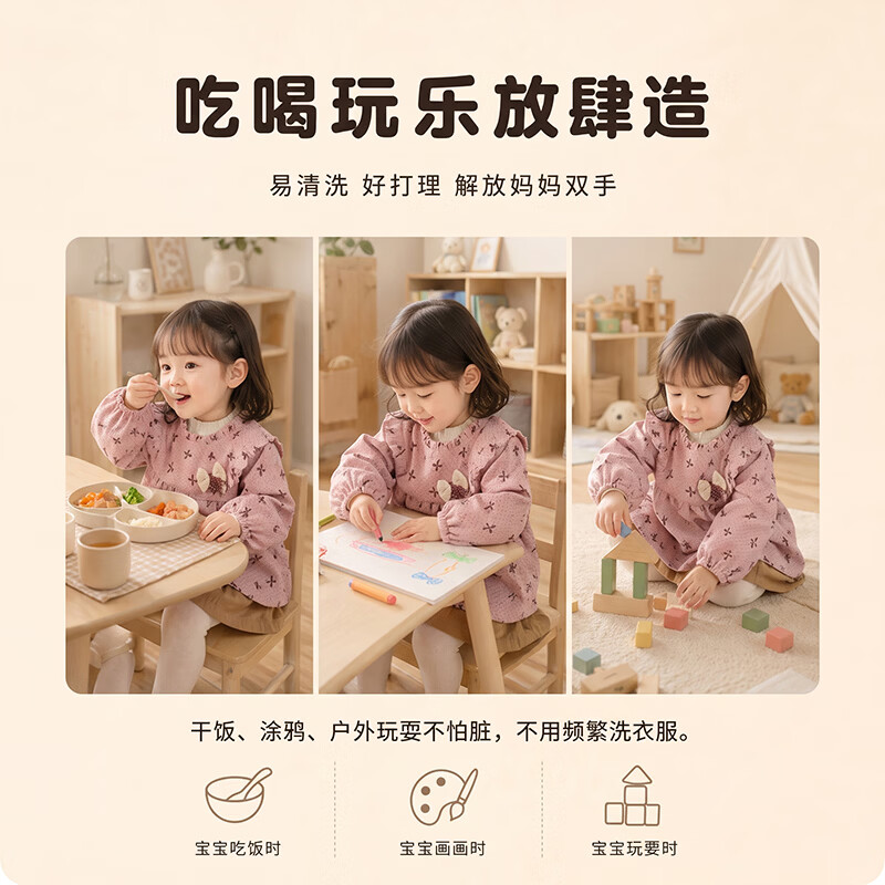 儿童好看的罩衣饭兜宝宝吃饭公主裙秋冬防水围裙长儿童防水防脏 XD木耳边立领【复古咖+芥末黄】 120码【适合身高105-115cm】