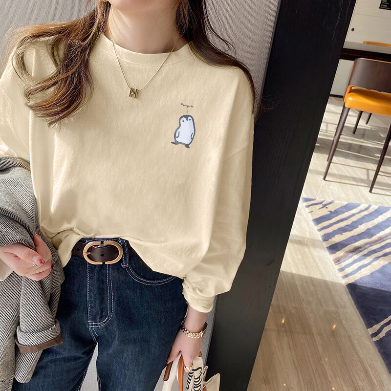 兰铂丽斯女装奶杏色长袖t恤女春秋款2023新款洋气宽松落肩内搭打底衫