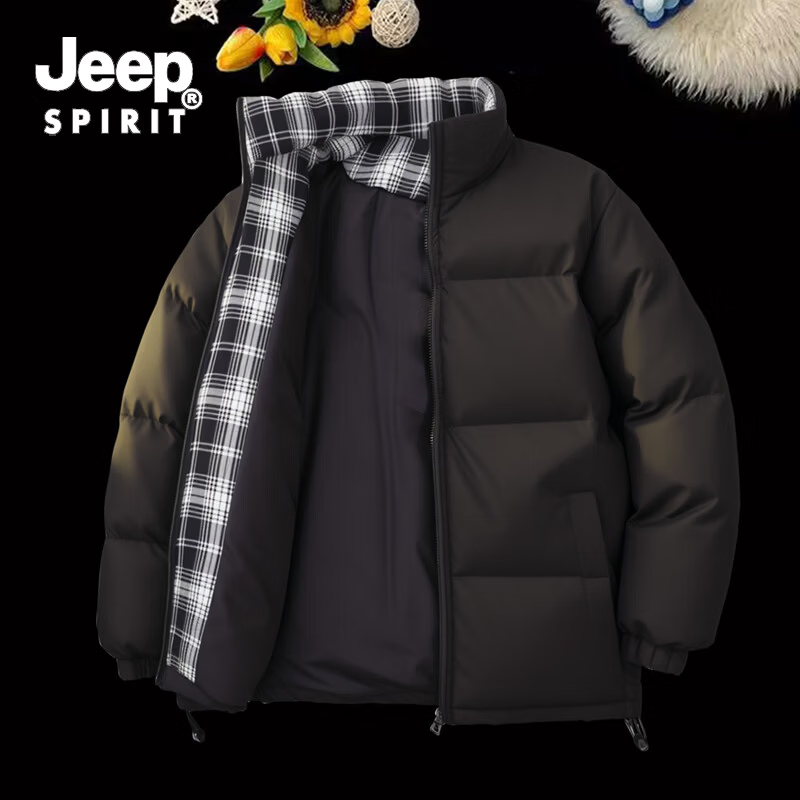 JEEP SPIRIT吉普格子拼接棉服男秋冬季潮牌立领面包服防寒保暖棉衣外套棉袄子 黑色 4XL