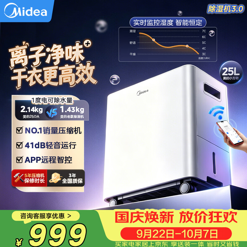 美的(Midea)除湿机/抽湿机 25L/天 美芝压缩机正负离子净味APP智控家用干衣防潮适用45㎡客厅卧室小方物除湿器