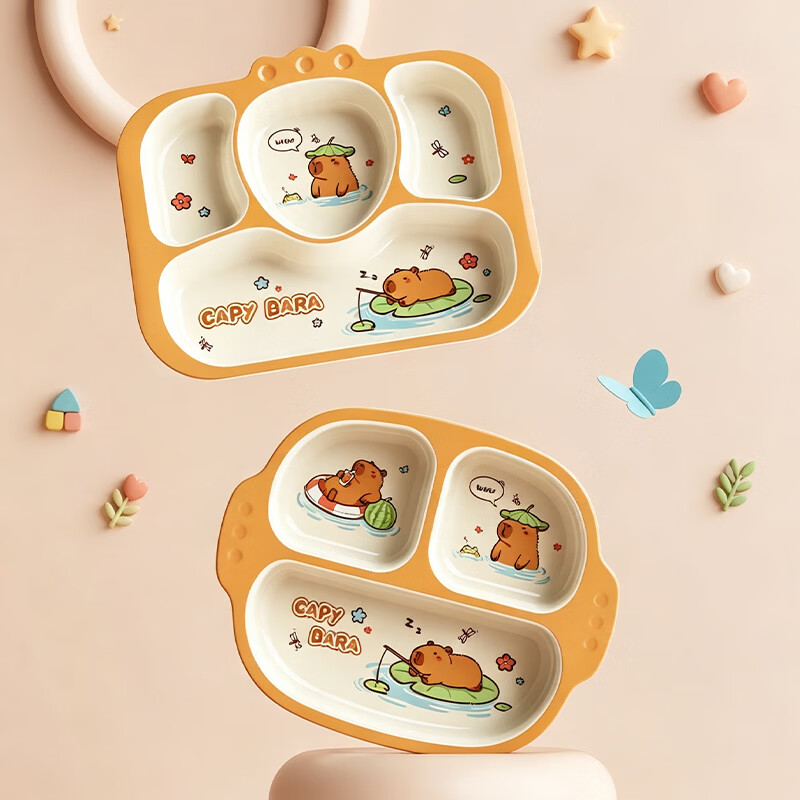 显初卡皮巴拉儿童饭碗餐具可爱卡通宝宝吃饭专用碗幼儿园碗勺套装餐盘 【3件套】卡皮巴拉头型碗+勺子+杯子