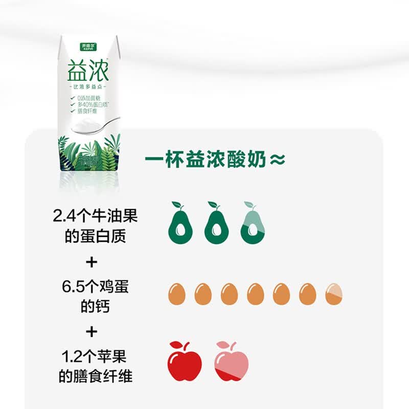君乐宝开啡尔益浓酸牛奶200g*12瓶礼盒装0添加蔗糖多40%蛋白质