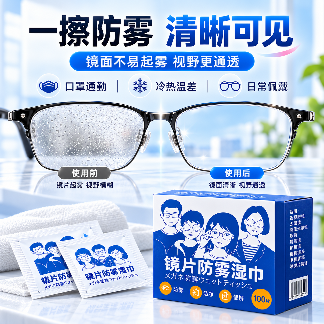 ZYVI日本眼镜清洁湿巾防雾湿巾一次性眼镜布手机镜头除雾清洁湿巾便携 100片*3盒【防雾款】眼镜清洁湿巾