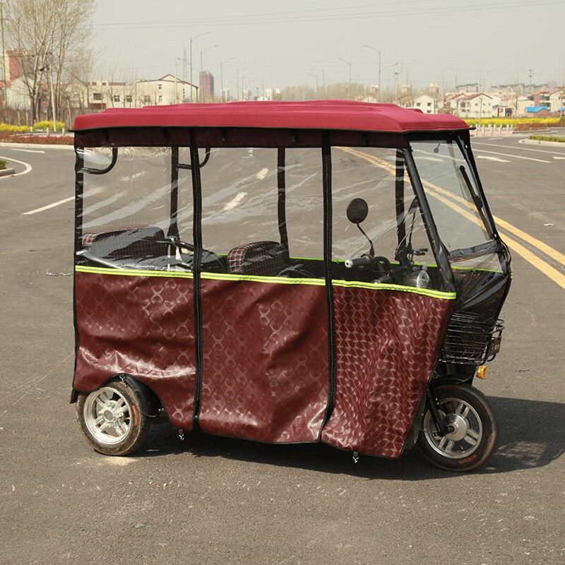 音舒雅電動(dòng)三輪車車棚休閑小巴士老年透明遮雨篷簾防寒新款全封閉擋風(fēng)罩 棗紅色+皮革加絨圍簾 長(zhǎng)190寬80cm