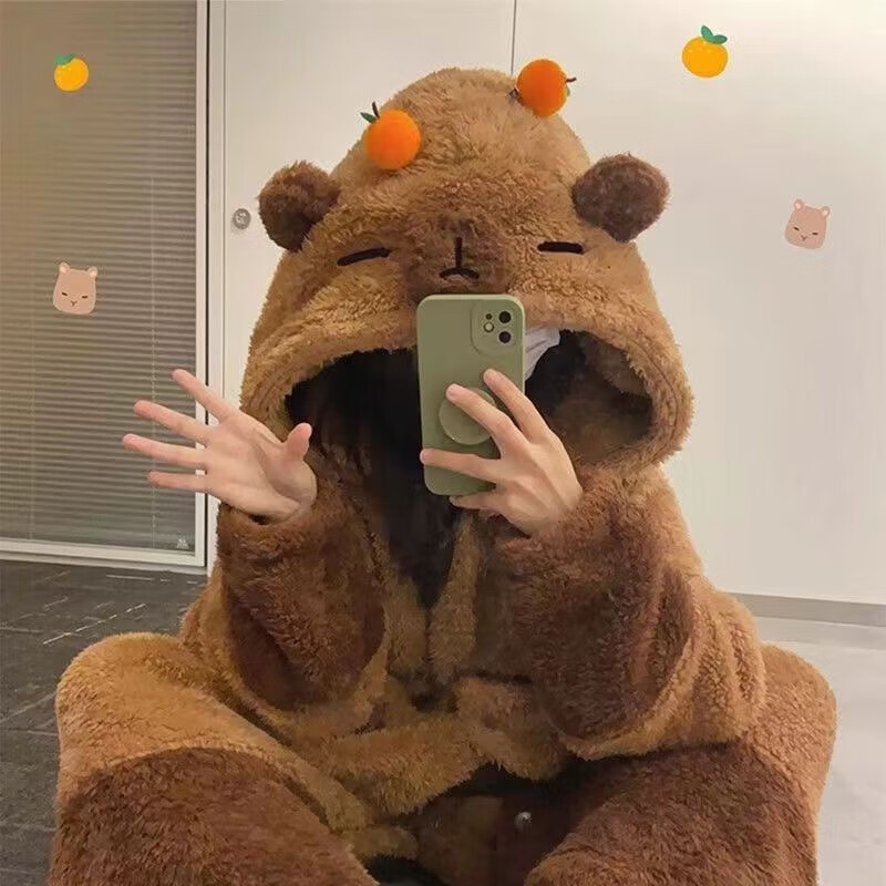 可爱卡通珊瑚绒睡袍美乐蒂玉桂狗秋冬法兰绒睡衣家居服套装保暖女 卡皮巴拉睡袍 M 推荐身高145-160cm