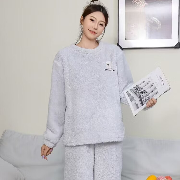 宝娜斯睡衣女秋冬款加厚保暖法兰绒卡通可爱长袖圆领可外穿家居服套装 杏色 均码 80-150