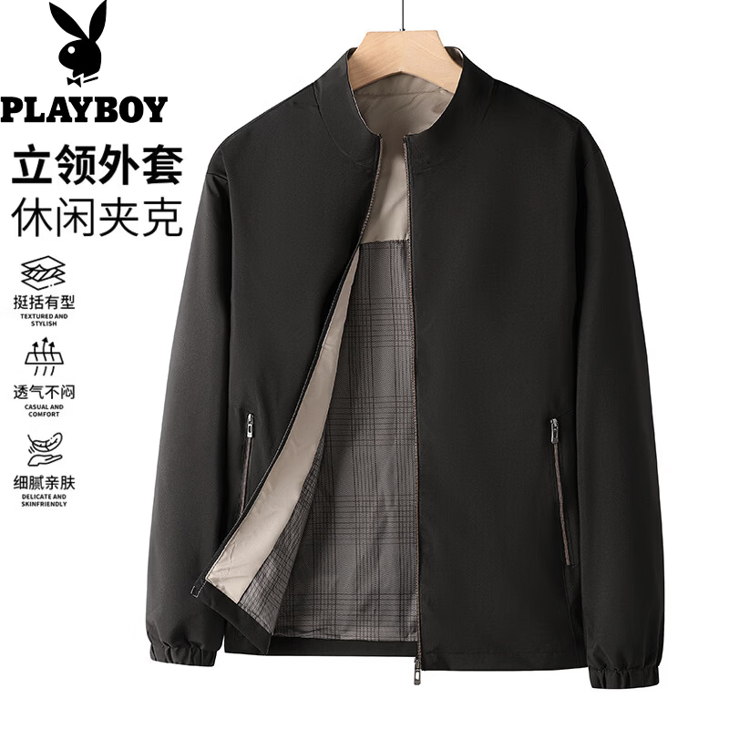 花花公子(PLAYBOY)男士外套秋冬季2026新款男外套立领商务休闲宽松中年爸爸装夹克男 黑色 3XL 京东折扣/优惠券