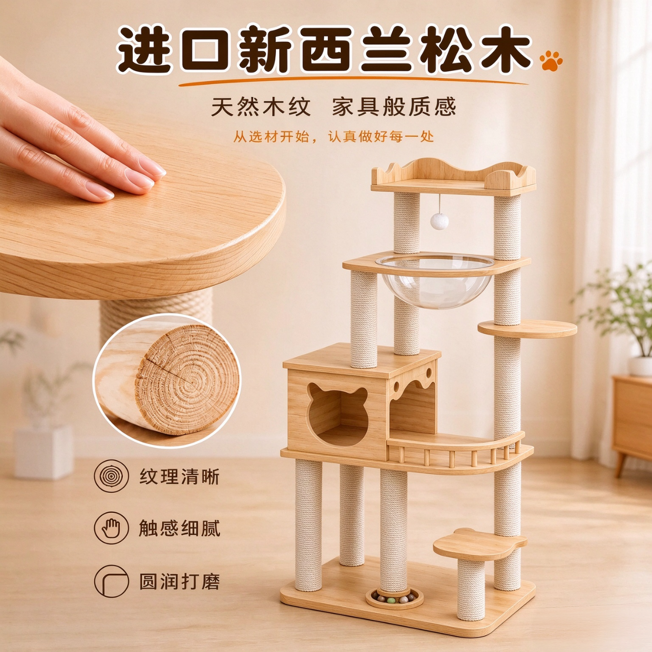 苏墨猫爬架实木猫窝一体猫架子稳固大猫专用布偶宠物用品家用太空仓 【ENF级实木】单屋单仓矮三层简易款【加厚稳定】