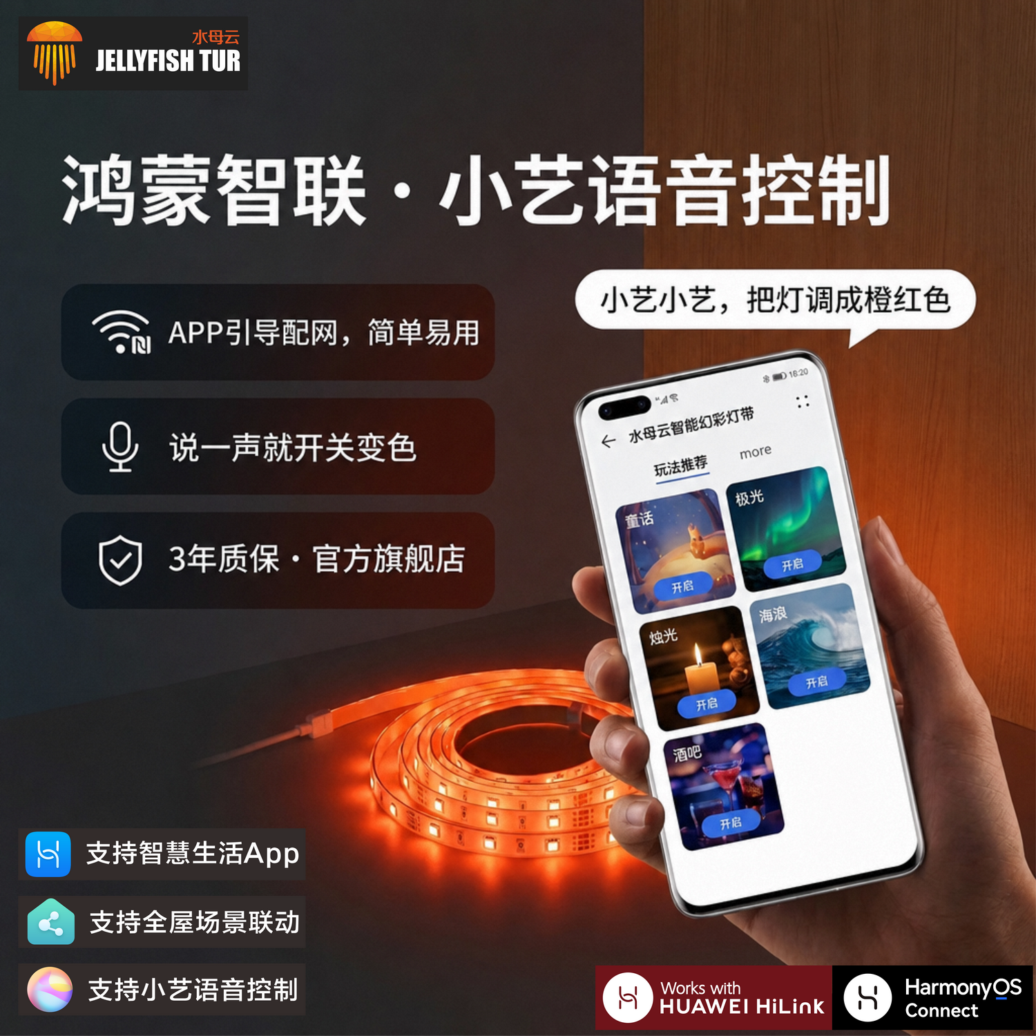 水母云 老人起夜 床底人体感应灯带 橙红光不扰眠 卧室小夜灯氛 4米人体感应套装(灯带L型安装,含控制器+电源)