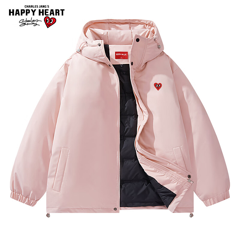 查尔斯桃心山系户外连帽冲锋羽绒服男女冬季加厚保暖宽松简约防风情侣外套潮 杏色 2XL